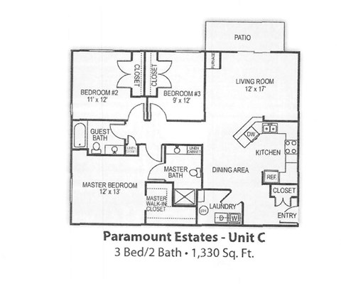 Floor plan for 3 beds, 2 baths, 1330 sqft